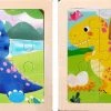 LS Goods Houten Puzzels - 2 Stuks - 9 Delig - Montessori - Blauwe En Gele Dinosaurus - 11x11 Cm