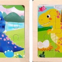 LS Goods Houten Puzzels - 2 Stuks - 9 Delig - Montessori - Blauwe En Gele Dinosaurus - 11x11 Cm