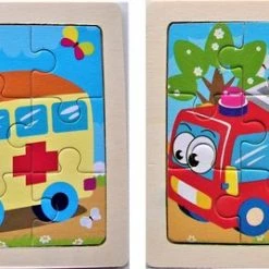 LS Goods Houten Puzzels - 2 Stuks - 9 Delig - Montessori - Ambulance - Brandweer - 11x11 Cm