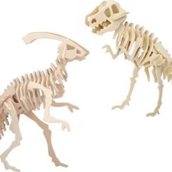 Merkloos Houten 3D Dieren Dino Puzzel Set T-rex En Parasaurolophus - Speelgoed Bouwpakketten