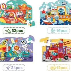 MiDeer - 4-in-1 Puzzels In Mooie Geschenkdoos - 12 + 16 + 24 + 35 Extra Grote Puzzelstukjes - Vervoer & Dier: Brandweerwagen + Boot + Vliegtuig + Raket - Kinderpuzzel - Educatief Speelgoed Voor Kinderen -Exporteren puzzels winkel 550x482 4