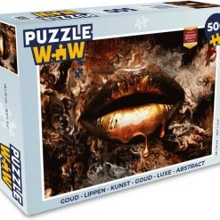 PuzzleWow Puzzel Goud - Lippen - Kunst - Goud - Luxe - Abstract - Legpuzzel - Puzzel 500 Stukjes - Sinterklaas Cadeautjes - Sinterklaas Voor Grote Kinderen