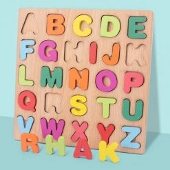 Merkloos Puzzel - Houten Alfabet Puzzel - Leren Spelen Met Letters. Puzzel Hout - Vanaf 24 Maanden