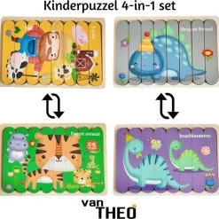 Van Theo Houten Puzzel - Dubbelzijdige Kinderpuzzels - Set 4-in-1 - Montessori Speelgoed - Set Jungle En Dino's