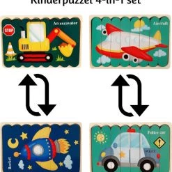 Van Theo Houten Puzzel - Dubbelzijdige Kinderpuzzels - Set 4-in-1 - Montessori Speelgoed - Set Voertuigen