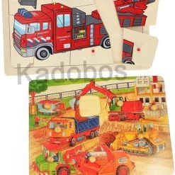 Playwood / Roel 2x Houten Noppenpuzzel - Puzzel Brandweer En Bouwplaats Met Noppen